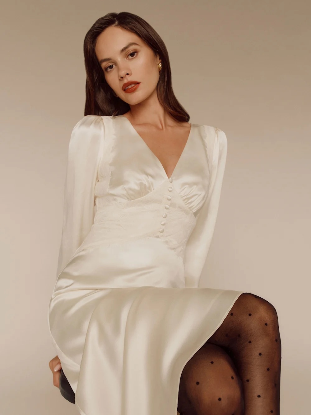 Reformation Ivory Satin V-Neck Bridal Dress - Picture 1 of 6